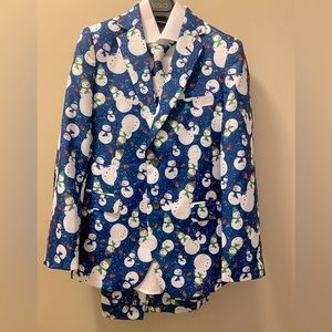 Christmas suit size 12 (fits small) snowman pattern blazer pants shirt tie.